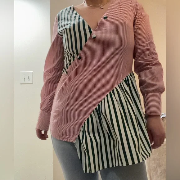 Striped Patchwork Button-Down Blouse in Pink and Green - Picture 8 of 8